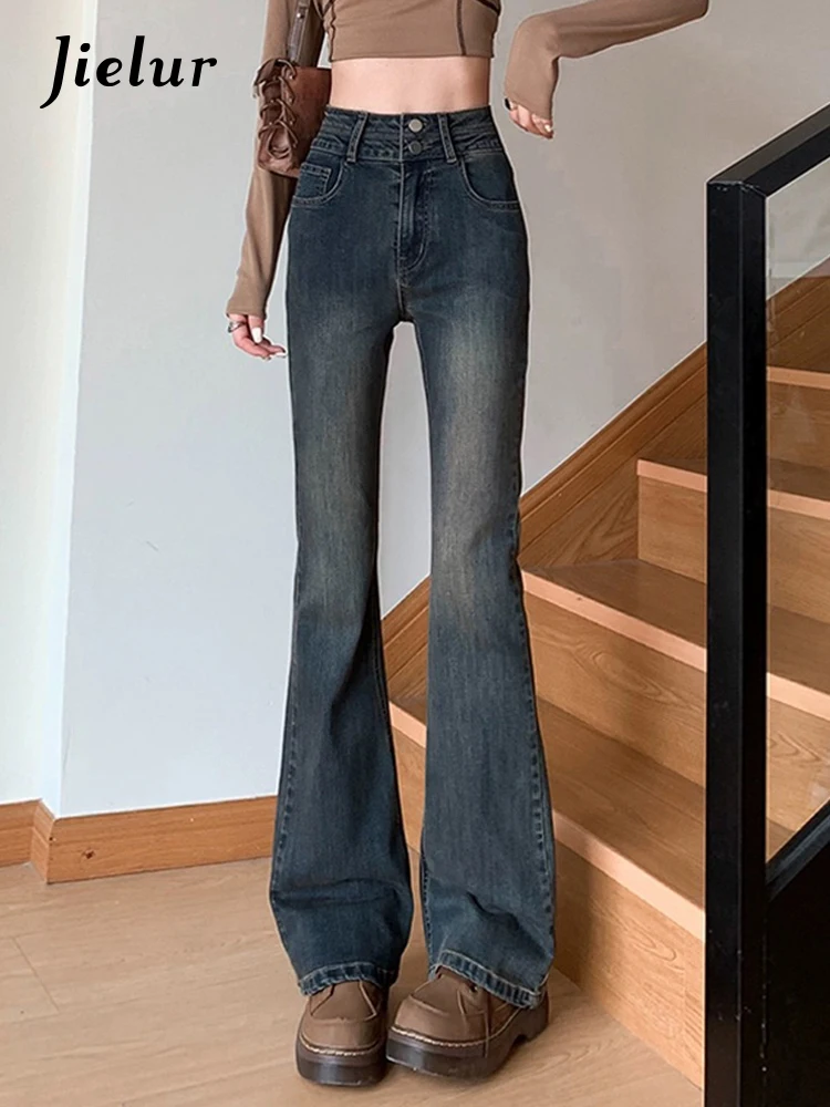 Jielur Vintage Grey Slim enge Hüfte Jeans hohe Taille leichte Stretch Mode lässig weibliche Flare Hosen Doppel knöpfe schicke Jeans