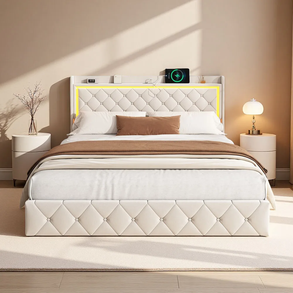 Cama Doble Tapizada Superaly, con Puerto de Carga e Iluminación LED, con Estructura de Listones, para Adultos, Terciopelo, Beige