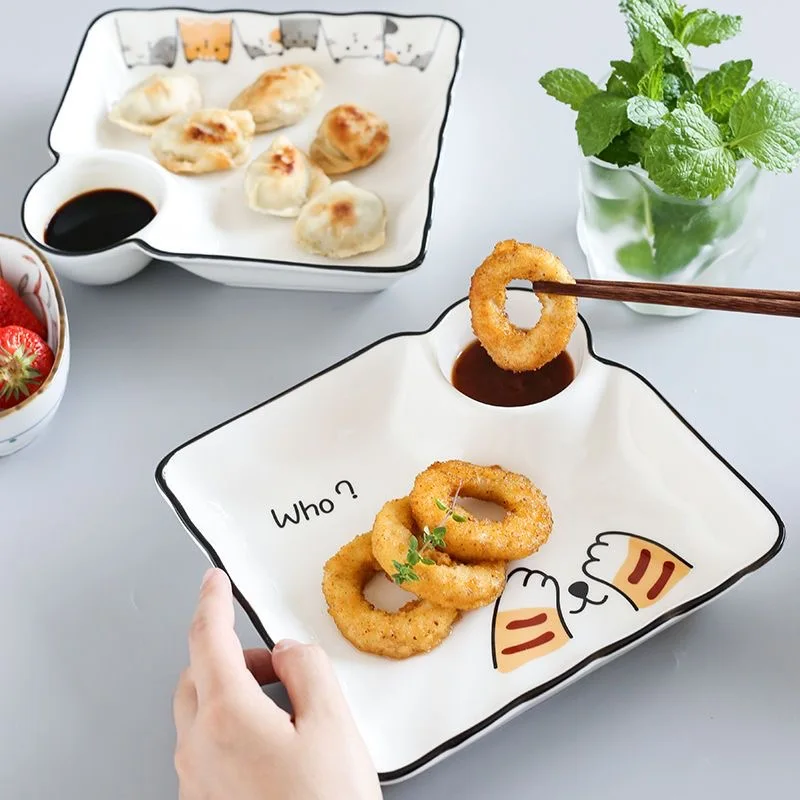 7.5inch-10inch Korean Style Ceramic Dumpling Plate Cat Pattern Square Format Breakfast Plate Sushi Plate Creative Art Tableware