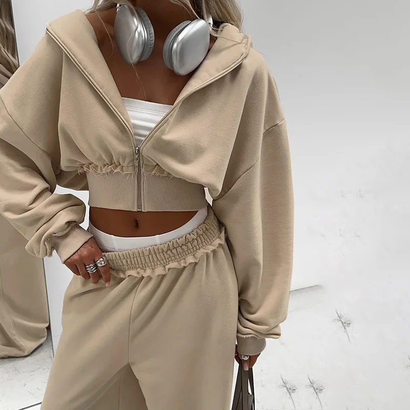 

Fleece 2 Piece Set Women Solid Tracksuits Long Sleeve Zipper Hooded Sweatshirts Crop Top + Drawstring Wide Leg Pants Streetwear
