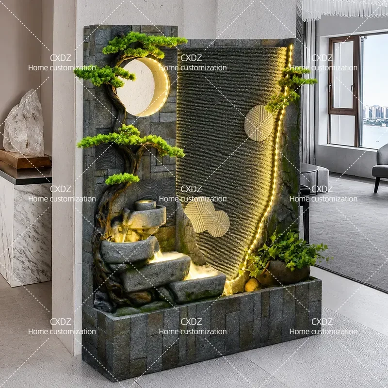 Rockery Fountain Flowing Water Floor Ornament Water Curtain Wall Entrance Screen Landscape for Living Room Balcony Office