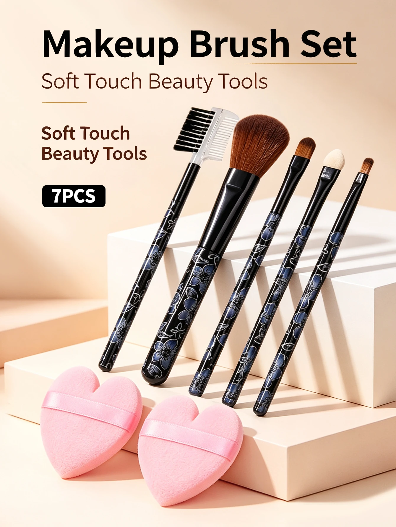 7Pcs Floral Print Makeup Brush Set With Heart‑Shaped Velvet Powder Puff, Portable Travel Beauty Makeup Tools