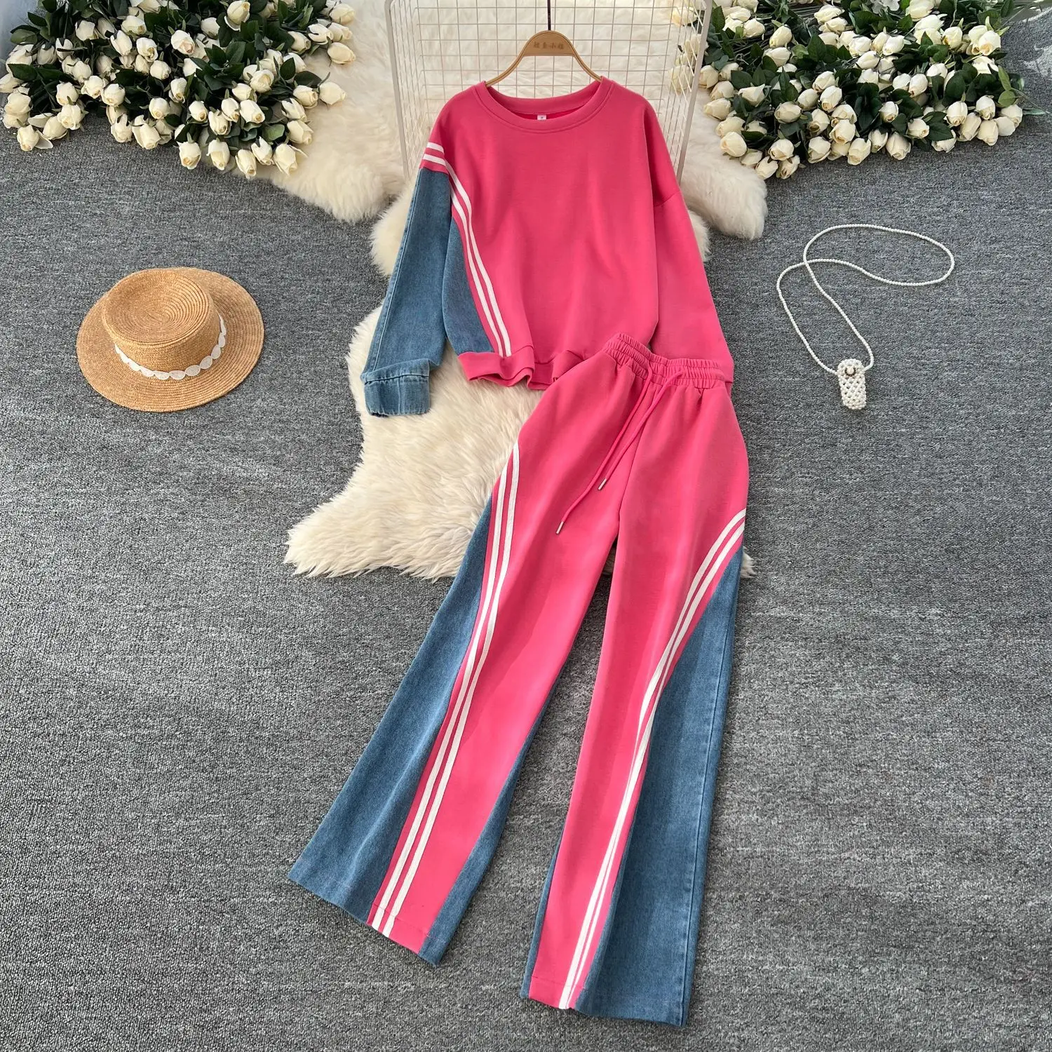 

Pant Set Women Two Piece Sets Round Neck Matching Sets Sweatshirts Denim Splice Y2k Tops Casual Loose Long Pants High Waist