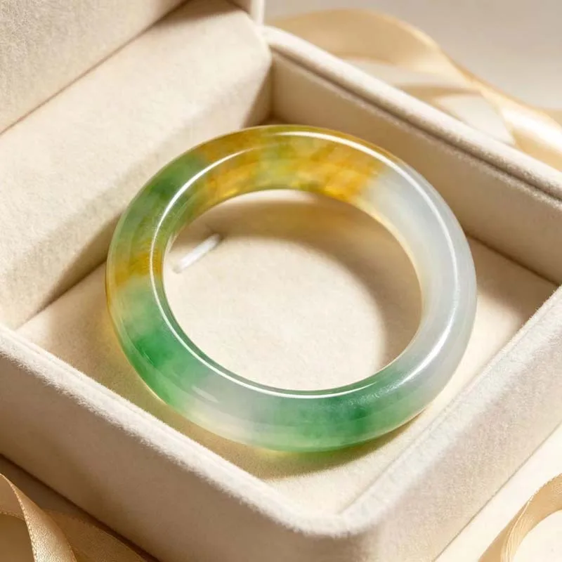 Natural Three‑Color Jade Bangle Round Bracelet Ice species yellow floating flower round bar  bangle Women Fashion Jewelry Party