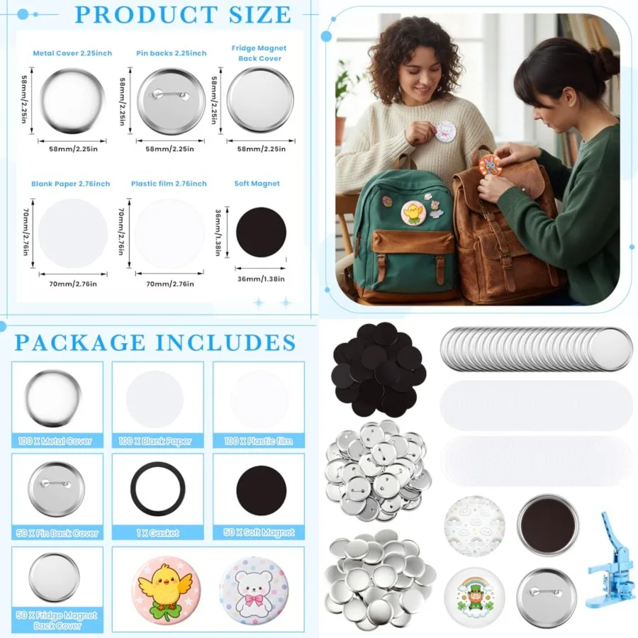 

100 комплектов для изготовления круглых значков 58 мм/2,25 дюйма: 50 шт. заготовок для магнитных значков на холодильник и 50 шт. заготовок для значков с булавкой