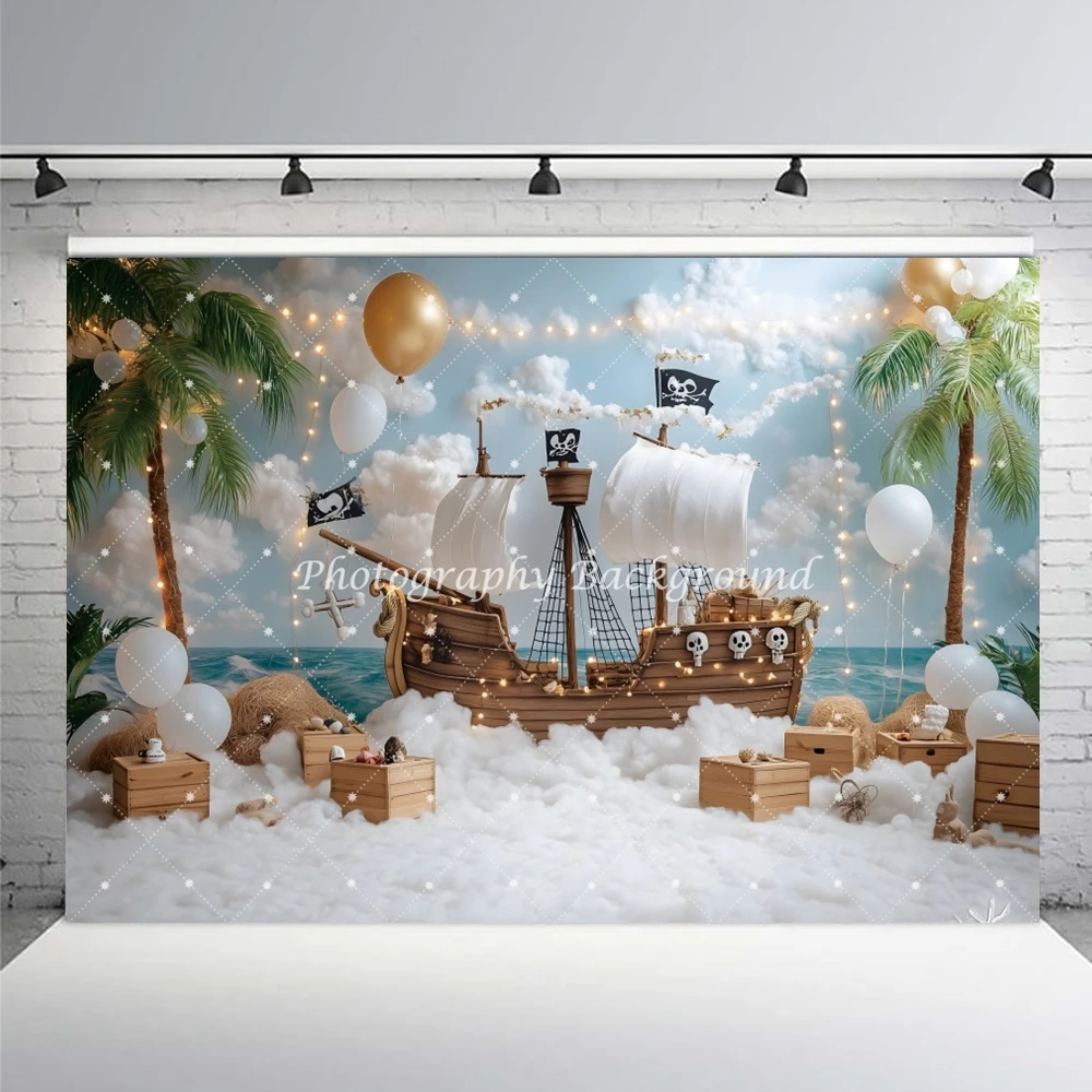 Pirate Sailboat Photography Backdrop Black Gold Balloons Wooden Box Skull Baby Shower Kids Boy Birthday Party Decor Background