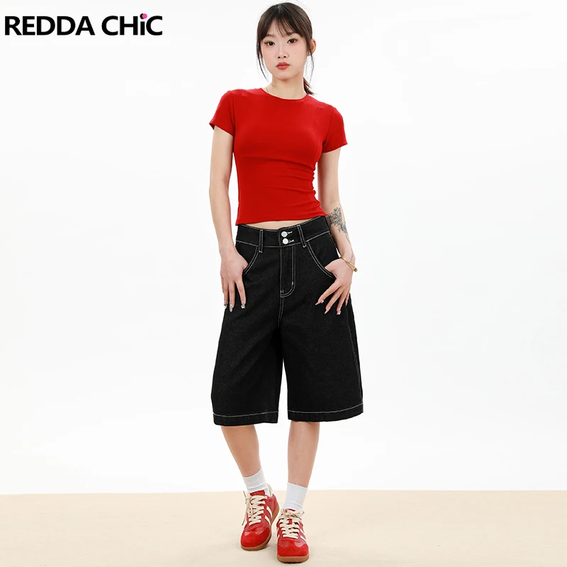 

ReddaChic Black Straight Denim Shorts American Retro High-Waisted Loose Wide-Leg Unisex Jeans Shorts Washed Vintage Casual Pants