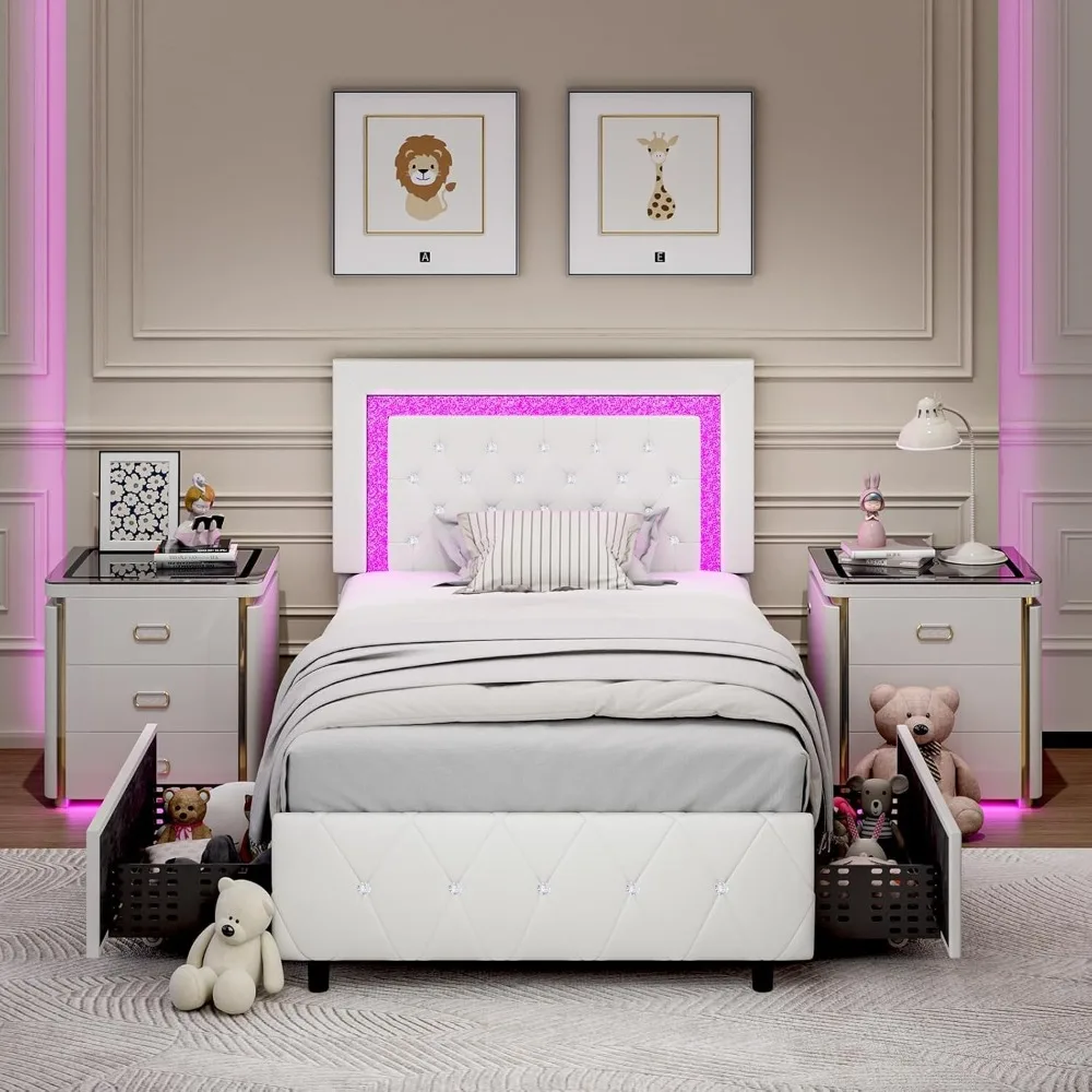 

Twin Bed Frames with Storage Drawers and LED Lights, Upholstered Bed with Crystal Tufted Headboard, Princess Platform Bed with W