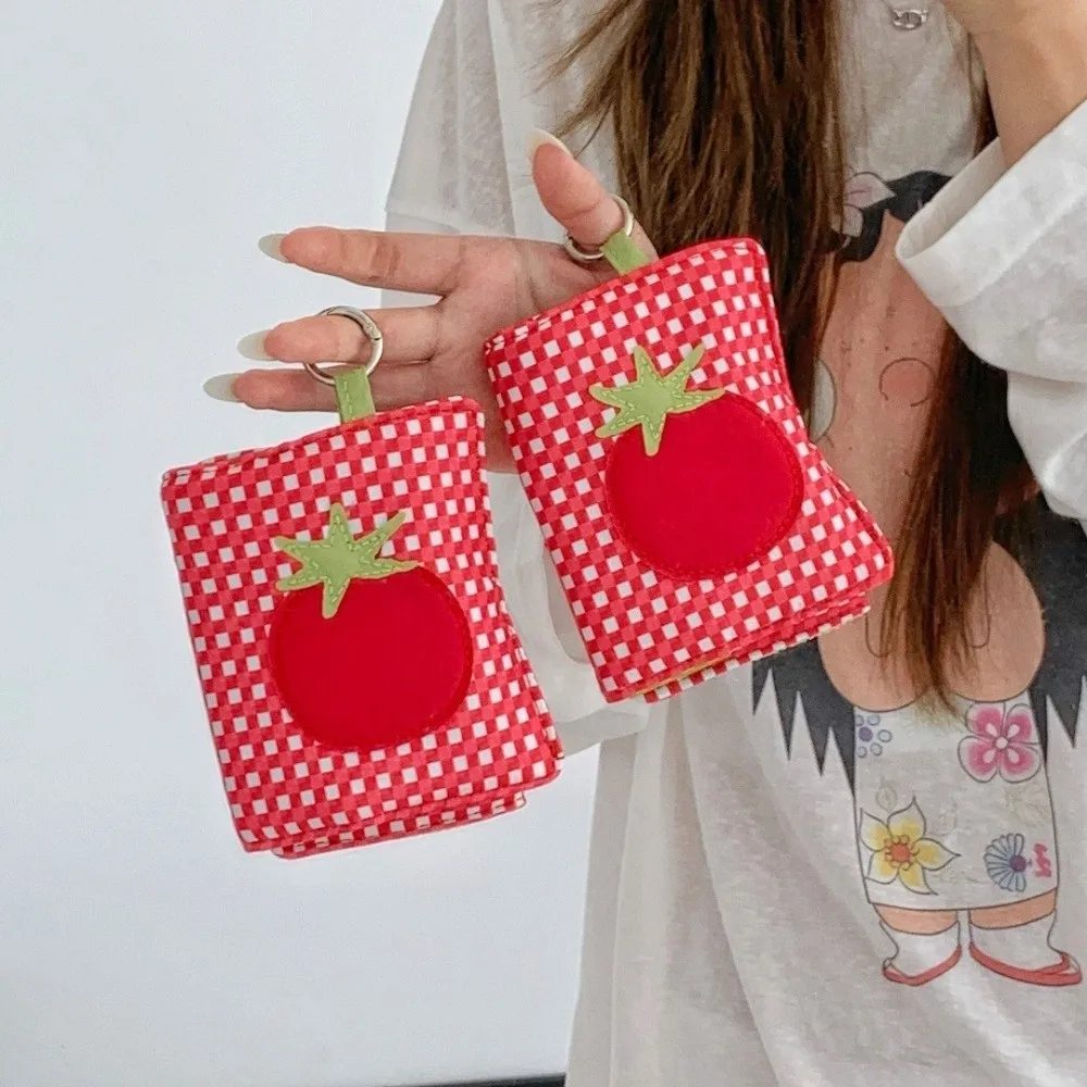 Tomato-Checkered Passport Bag Polyester Lightweight Mini Document Holder Soft Portable Travel Wallet Jewelry Storage