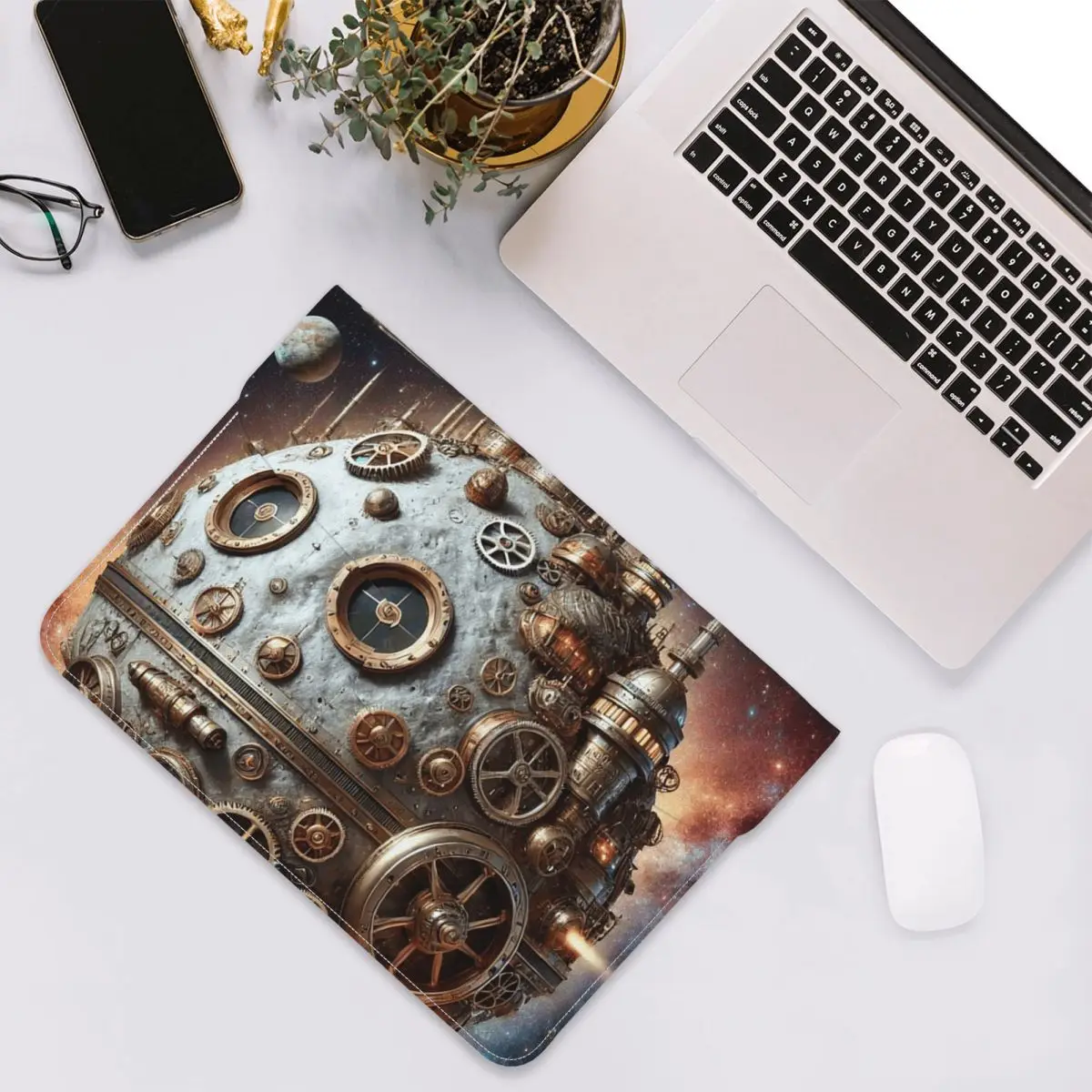 Steampunk Moon In Space PU Leather Horizontal Laptop Sleeve Shockproof Soft Lining Notebook Case 13 Inch
