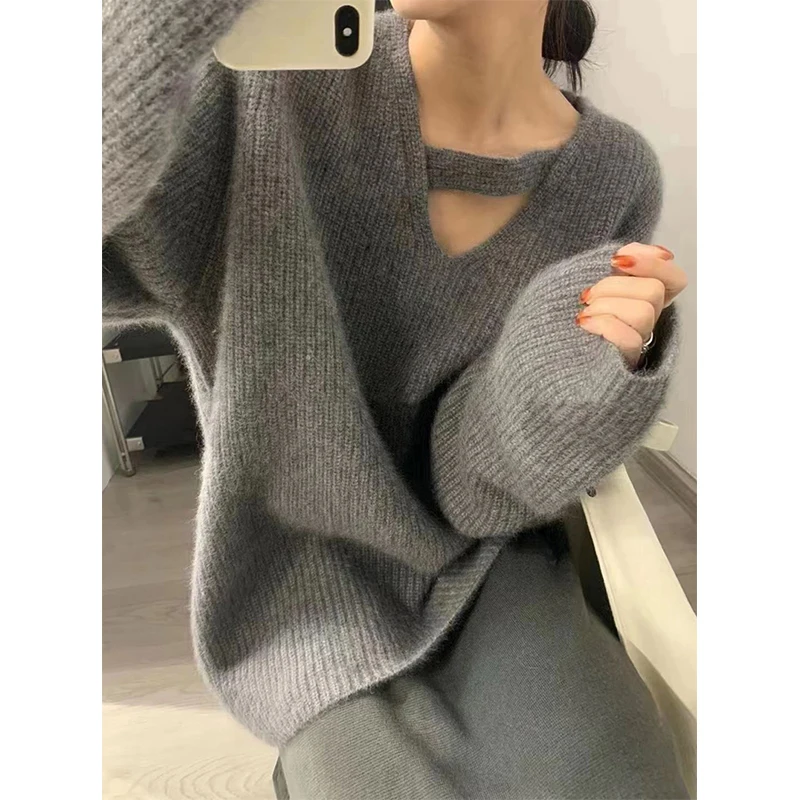 

Streetwear Oversized Sweater Women Vintage Sexy Hollow Out Knitted Pullovers Korean V Neck Knitwear Autumn Winter Loose Jumpers