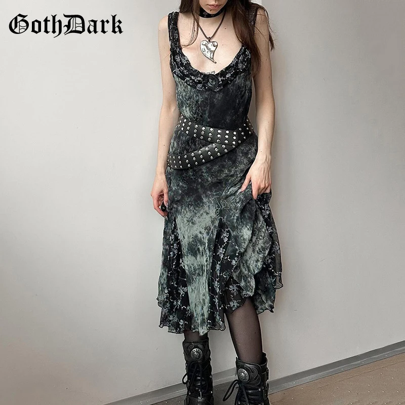 

Goth Dark Harajuku Fashion Ruffled Sleeveless Dress Retro Print Mesh Stitching Dresses Women Streetwear Mall Gothic Holiday Gown