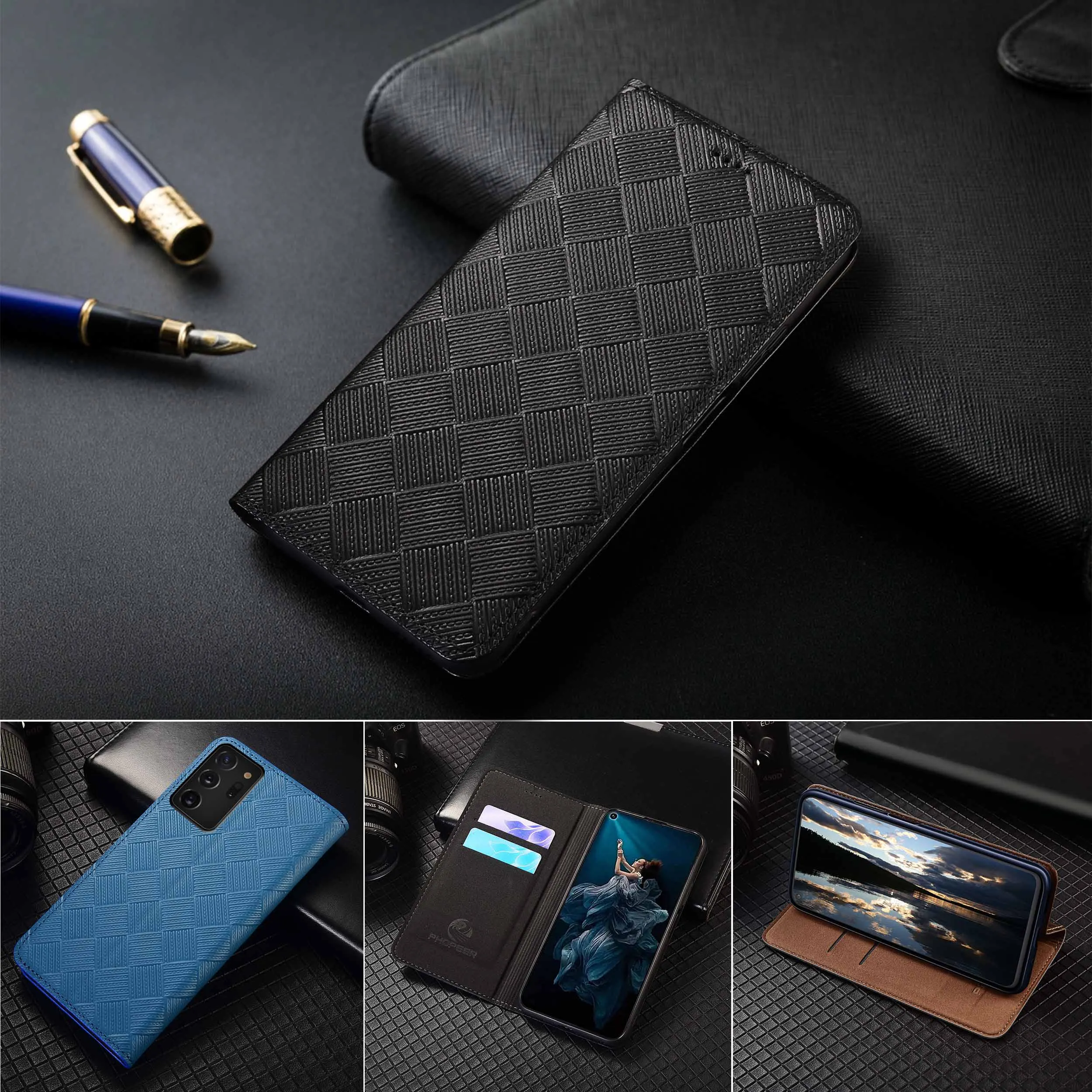 

For Samsung Note 5 7 8 9 10 20 Pro Ultra Lite Knit Pattern Of Genuine Leather Wallet Flip Phone Cover Case Cowhide Scratch Proof