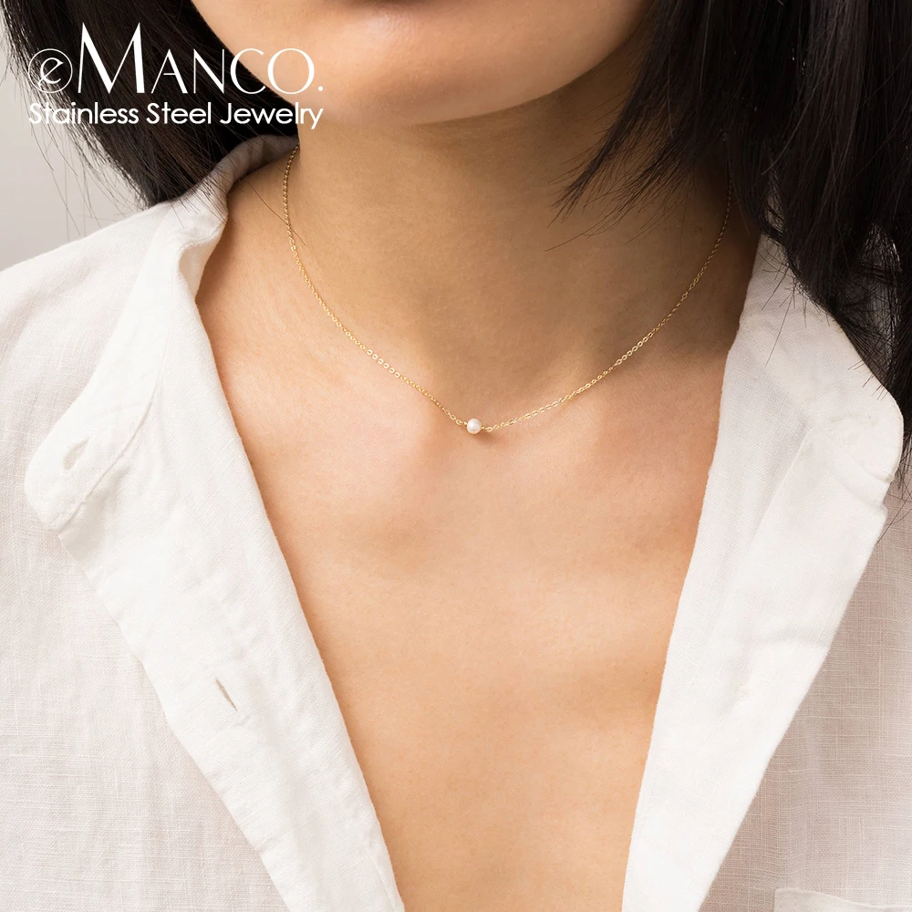 e-Manco Stainless Steel Imitation Pearl Necklace Female Golden Necklace Layered Chain Necklace Jewelry Women's Gift