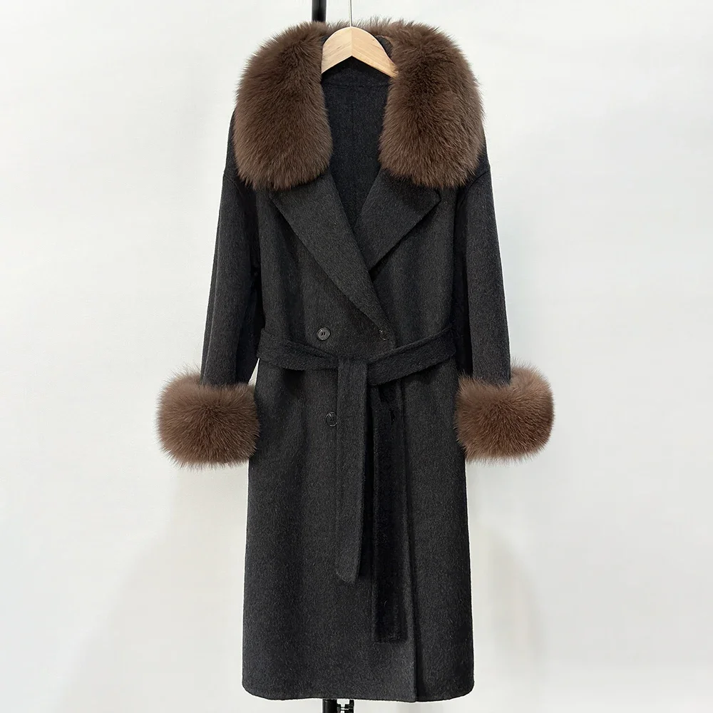 

2025 Women Natural Real Fox Fur Collar Woolen Jacket Autumn New Winter Cashmere Wool Blends Fur Jacket Fashion Outerwear Coat