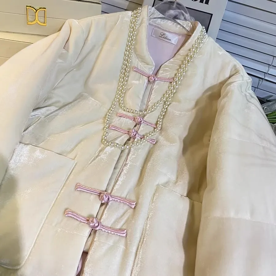 여성용 티엔드 코튼 패딩 자켓 빈티지 벨벳 루즈 아우터웨어 겨울 신상 스플라이싱 레트로 올매치 중국 스타일