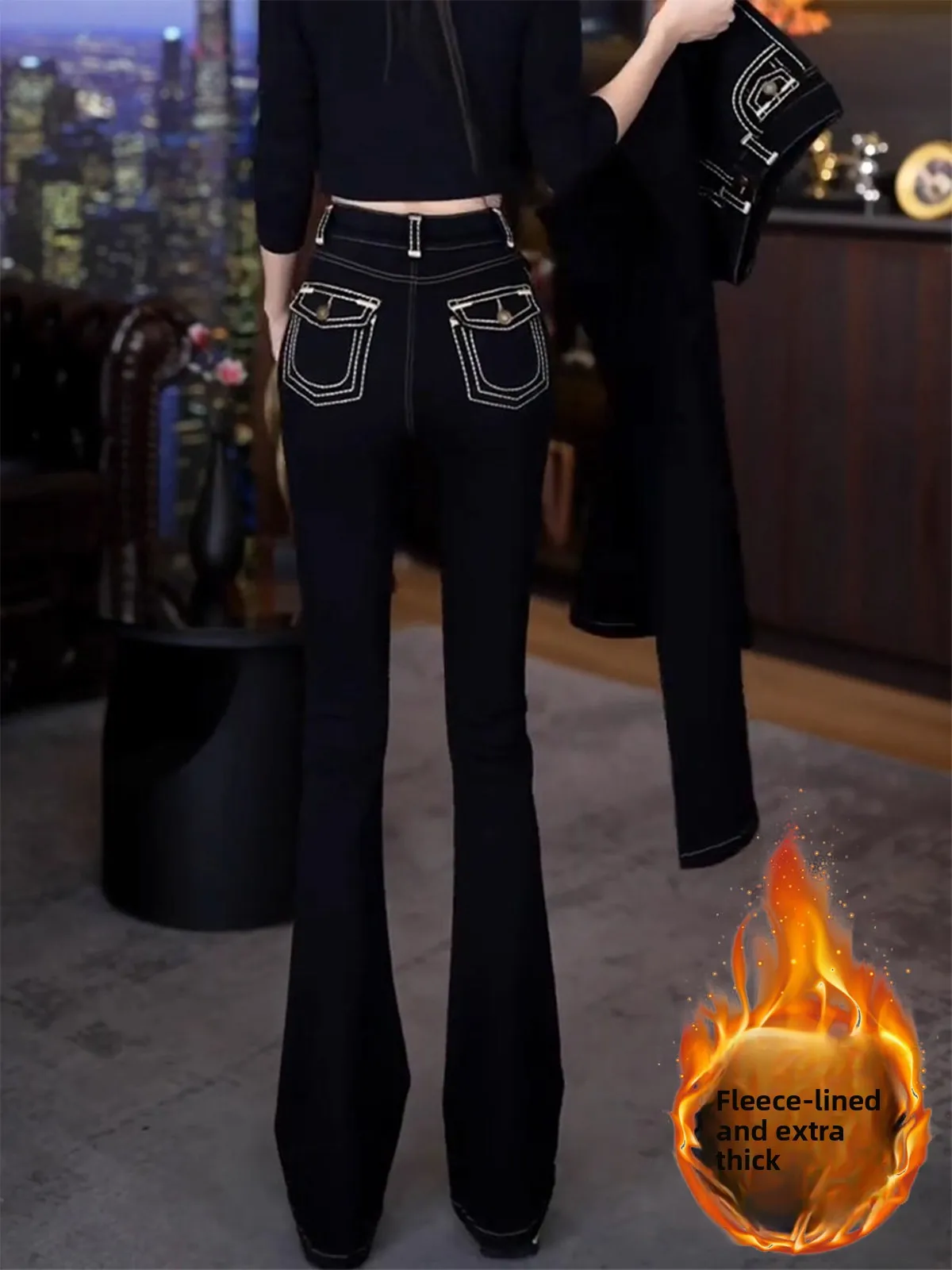 

Расклешенные джинсы с высокой талией, женские осенне-зимние джинсы Thiened Fce, прямые брюки, длинные брюки для похудения, облегающие, новое поступление