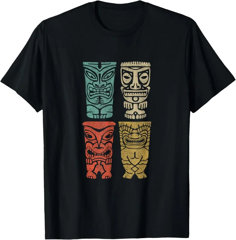 Vintage Hawaiian Tiki Mask Graphic Tee Retro Tribal Totem Cotton Short Sleeve T Shirt Hawaii Beach Lover Casual Daily Y2k Top