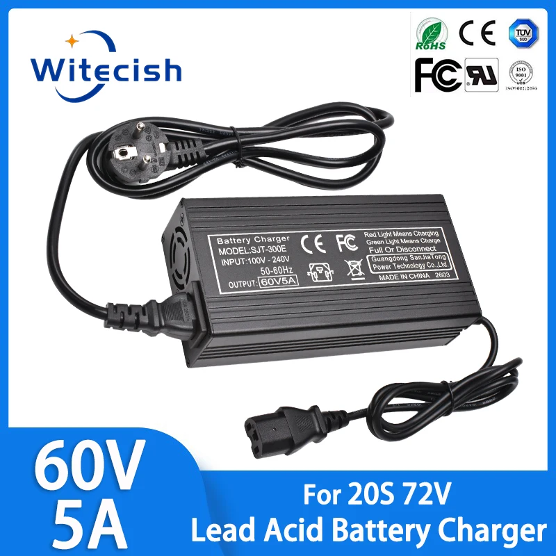 

60V 5A Lead Acid Battery Fast Charger Aluminum Casing Smart Protection For 20S 72V 50AH Battery Pack GX16 XLR 3PIN IEC Connector