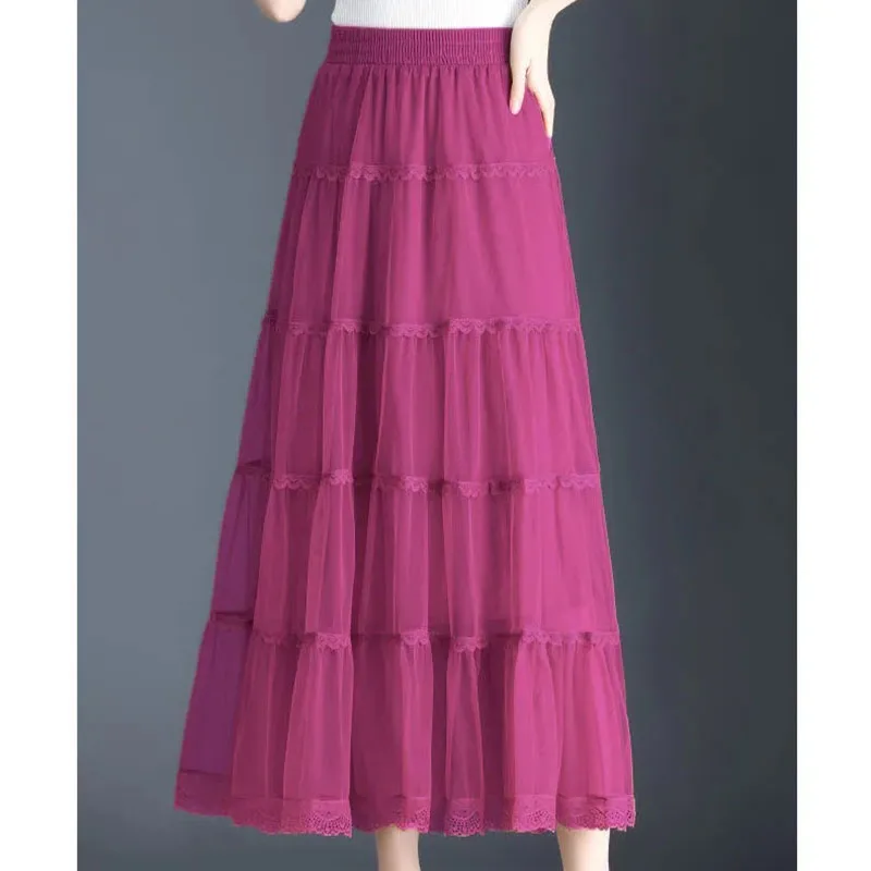 

2024 Spring Summer Long Tulle Skirt Women Elastic High Waist A-Line Mesh Pleated Puffy Skirt Female Elegant Lace Midi Skirt