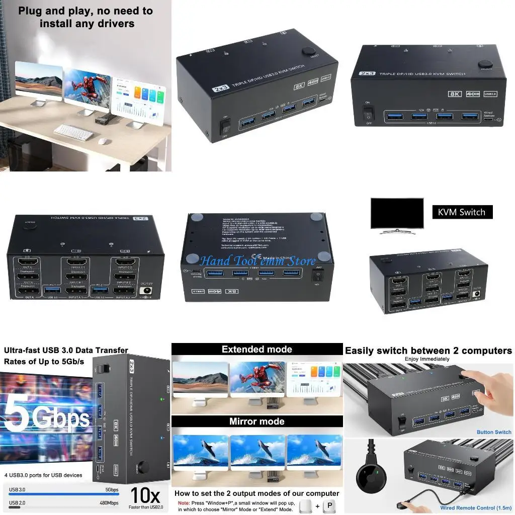 

H37F Triples Monitors KVM Switcher 2Displayport HDTV USB3.0 для двойного ПК 3 -экраны