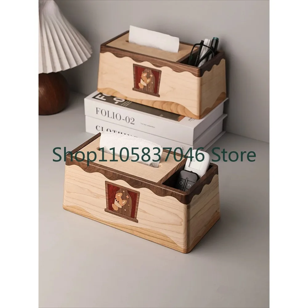 Solid wood tissue box, home living room desktop remote control storage box, bedroom multifunctional paper box