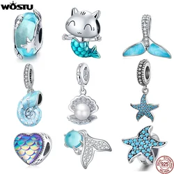 WOSTU Hot Sale 925 Sterling Silver Fish Tail Mermaid Beads Charms Pendant Fit Bracelets Women Party DIY Fine Jewelry Gift Making