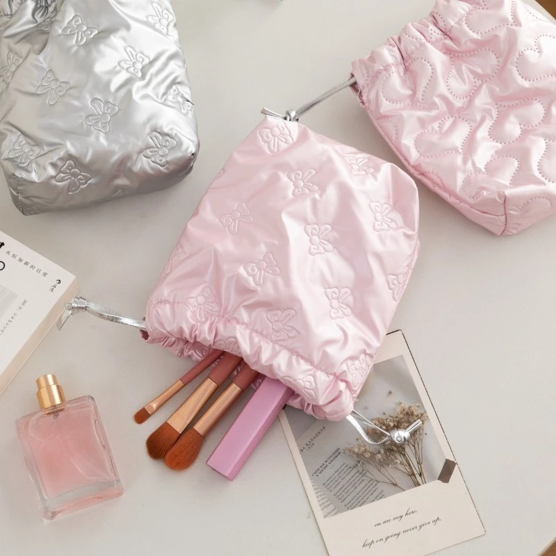 PU Bright Bow Love Drawstring Cosmetic Bag Waterproof Makeup Brush Camera Storage Bag Pouch Travel Washing Toiletry Case