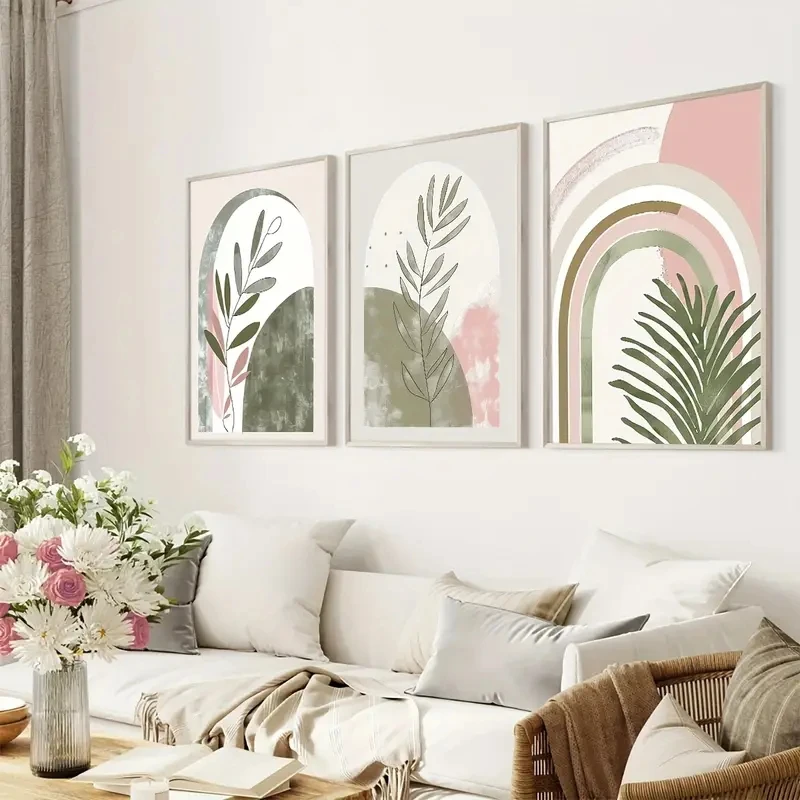 

3pcs/Set Abstract Green Pink Bohemian-style Plant Wall Art Paintings Modern Rainbow Abstract Art Canvas Posters Home Decoration