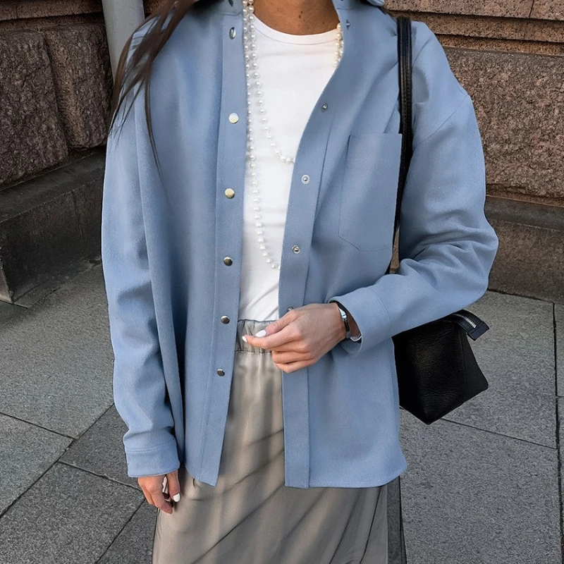 New Blue Pure Cotton Oversized Long Sleeve Collared Jacket Street Style Lazy Fashion Autumn Wear Simple Loose Fit Shirt Tops