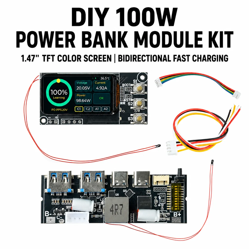 PD 100W Power Bank DIY Mainboard 3-5S Bidirectional Super Fast Charging Power Bank Module with 1.47-inch TFT Color Screen