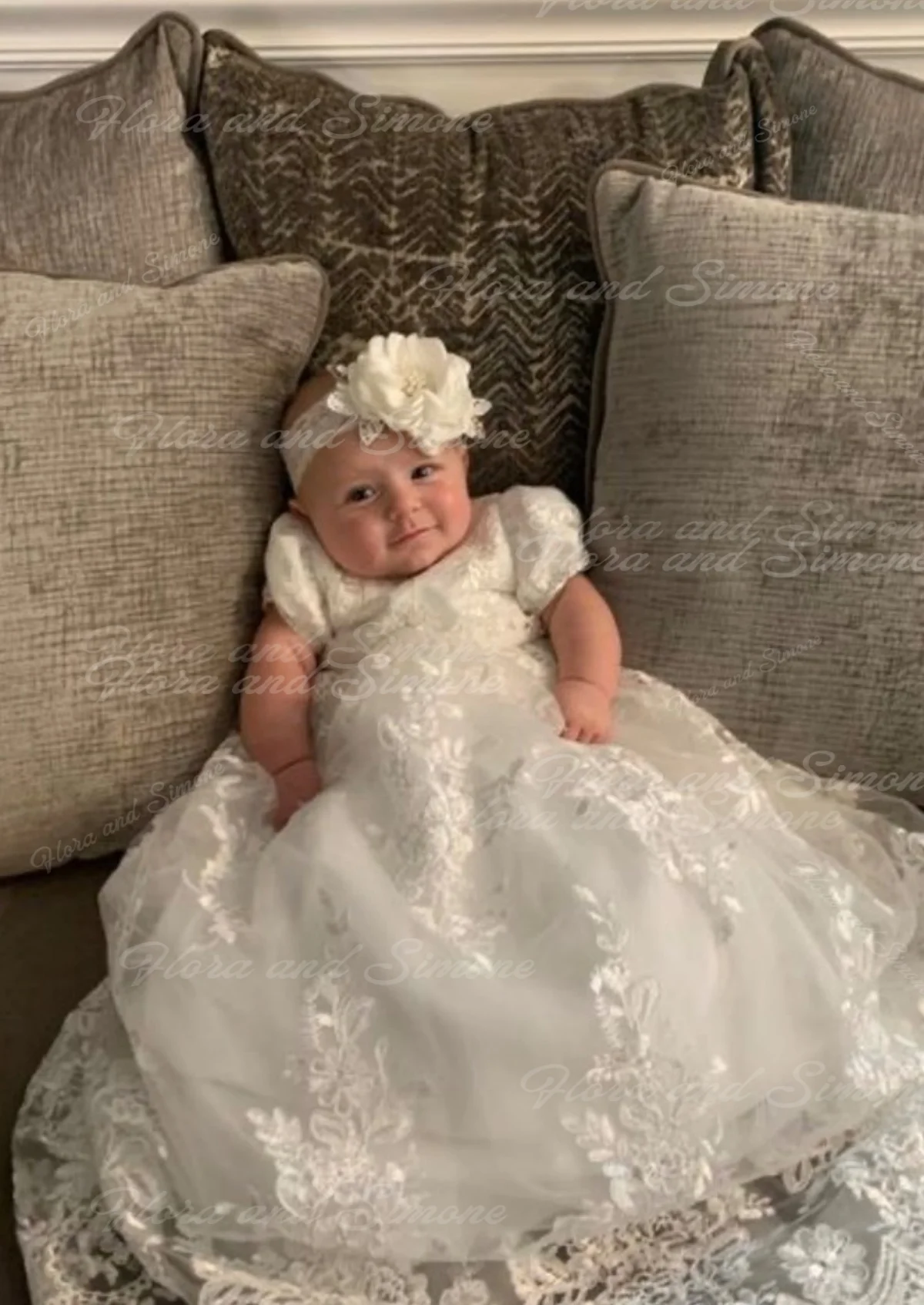 Customized Lace Christening Gown for Baby Short Sleeve First Communion Dress Infant Toddler Girls Baptism Dresses With Bonnet