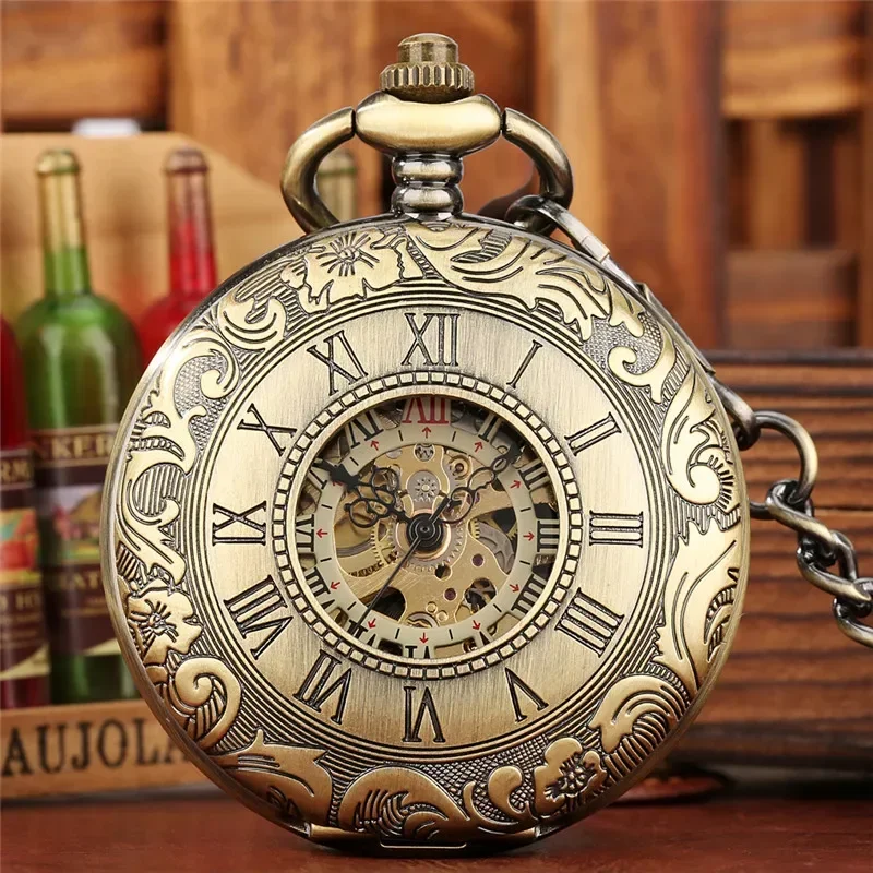 

Antique Carved Roman Number Case Clock Men Women Handwinding Mechanical Pocket Watch Skeleton Timepiece Pendant Chain Gift Reloj