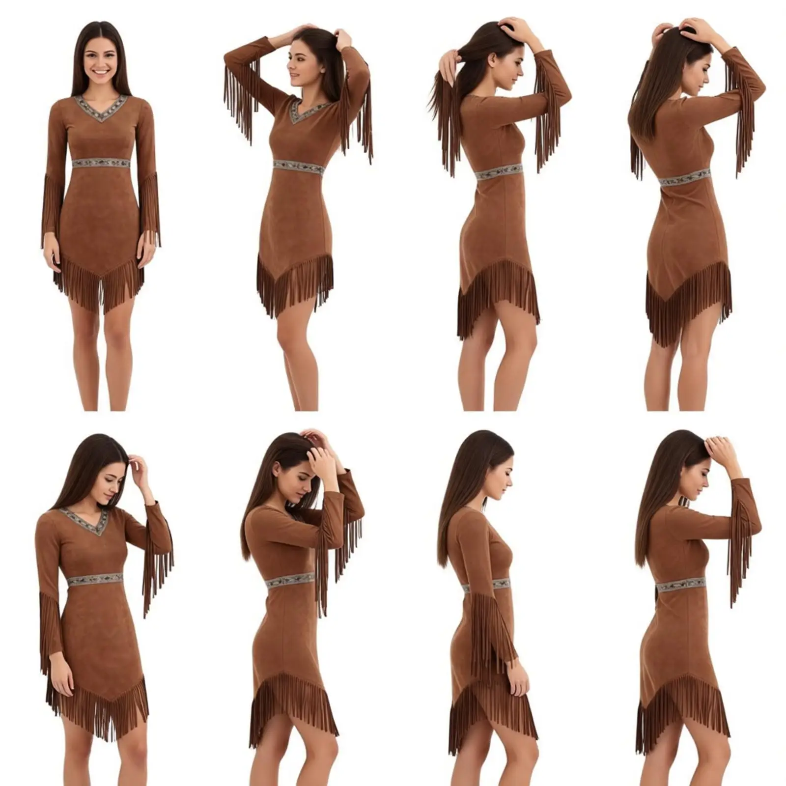 Disfraz Indígena Hindú para Mujer, Disfraz de Halloween, Atuendo Aborigen Salvaje, Vestido de Cazadora con Manga Larga y Dobladillo Irregular con Flecos para Club