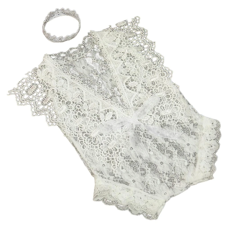 

2 Pcs/Set 0-1Month Newborn Photography Props Baby Headband Lace Hollow out Romper Bodysuits Outfit Girl Costume Photo Clothing