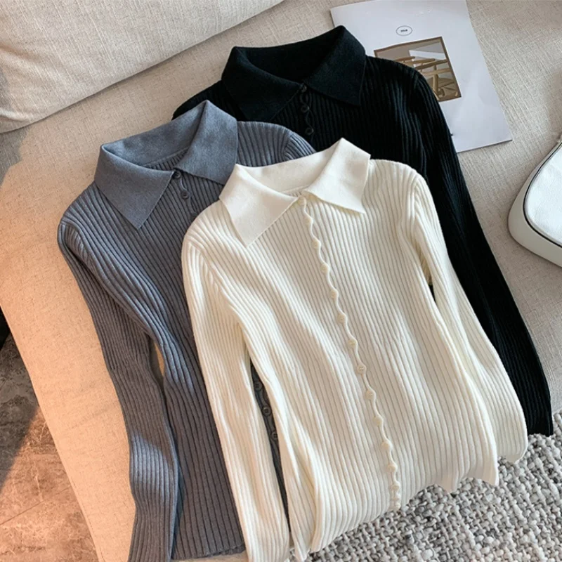 سيولش أنيقة واحدة الصدر بولو طوق المرأة سترة مشغولة من الصوف كم طويل البلوزات غير رسمية سليم الأعلى الإناث 2025 جديد