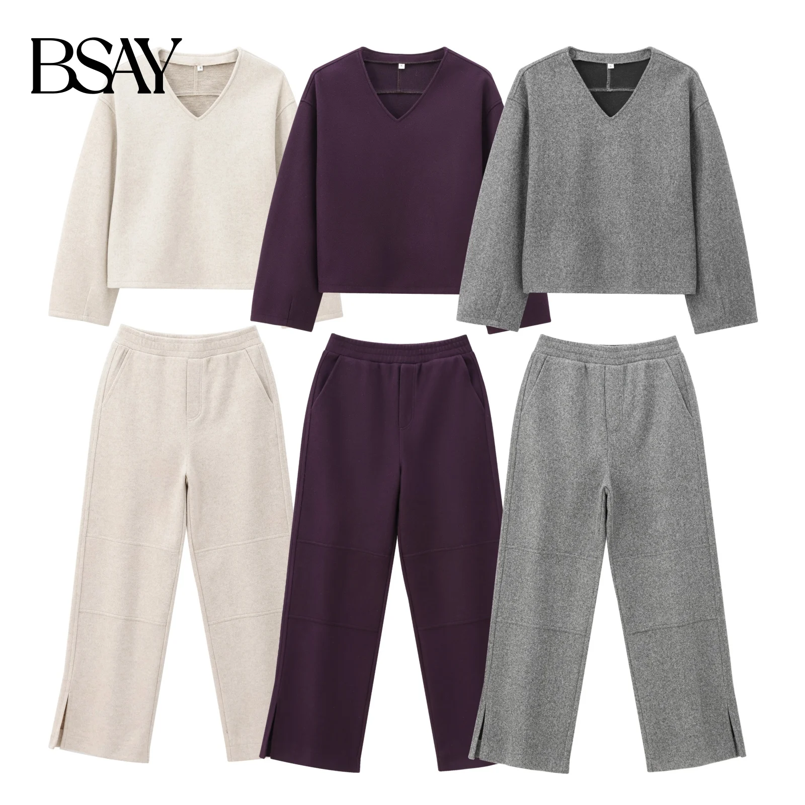 BSAY Sweatcloth Zweiteiliges Set für Damen Mode Herbst Winter Neues Sweatshirt mit V-Ausschnitt Chic Damen Top Hohe Taille Hose mit weitem Bein