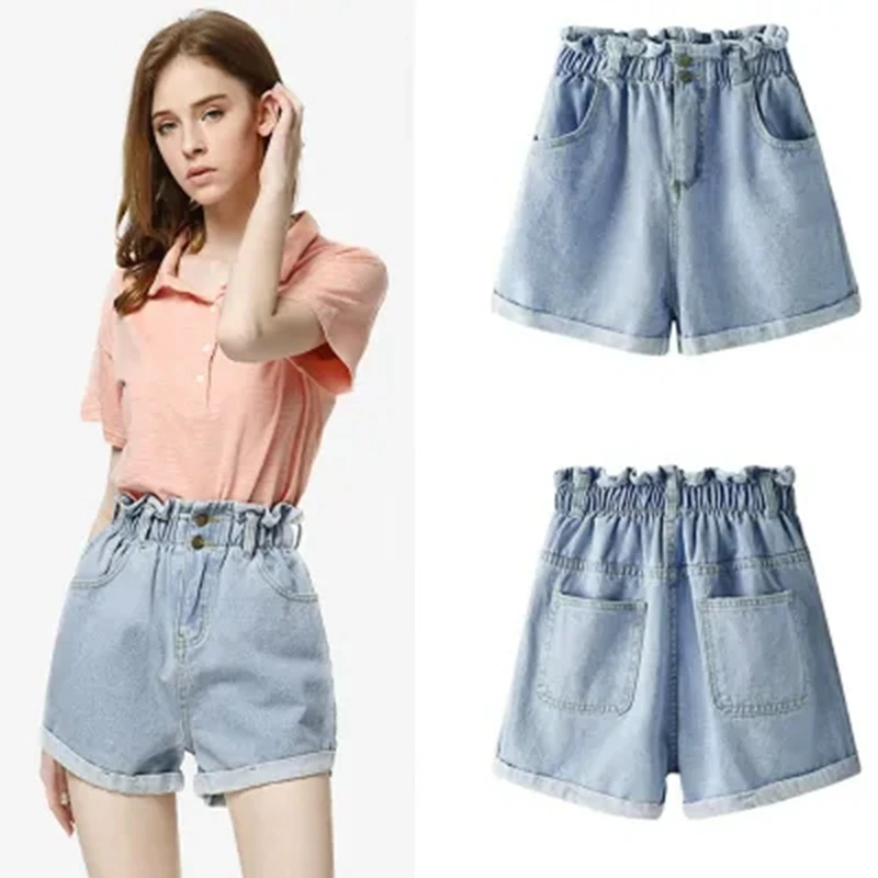 

y2k Summer Denim Shorts Women Casual Loose Ruffled Elastic Waist Blue Denim Shorts Clothing