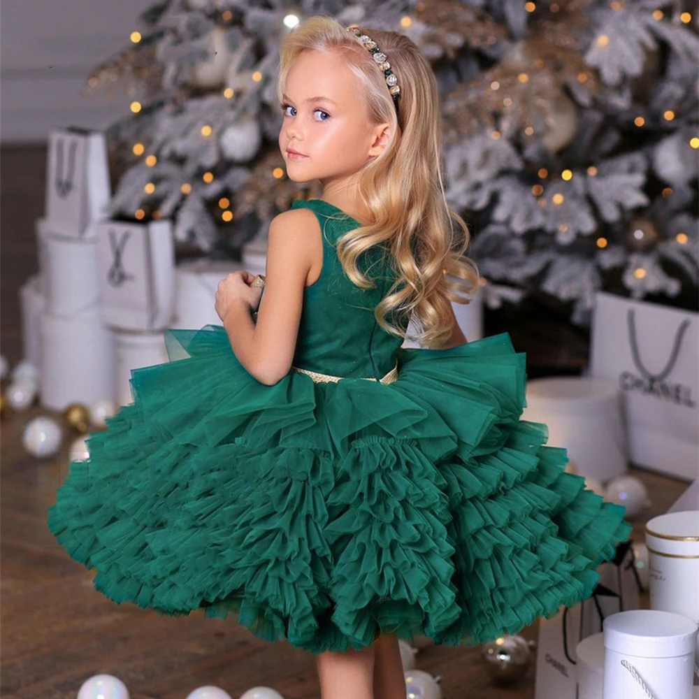 

Green Tulle Puffy Layered Sleeveless With Gold Bow Flower Girl Dress For Wedding Child First Eucharistic Birthday Party Dresses