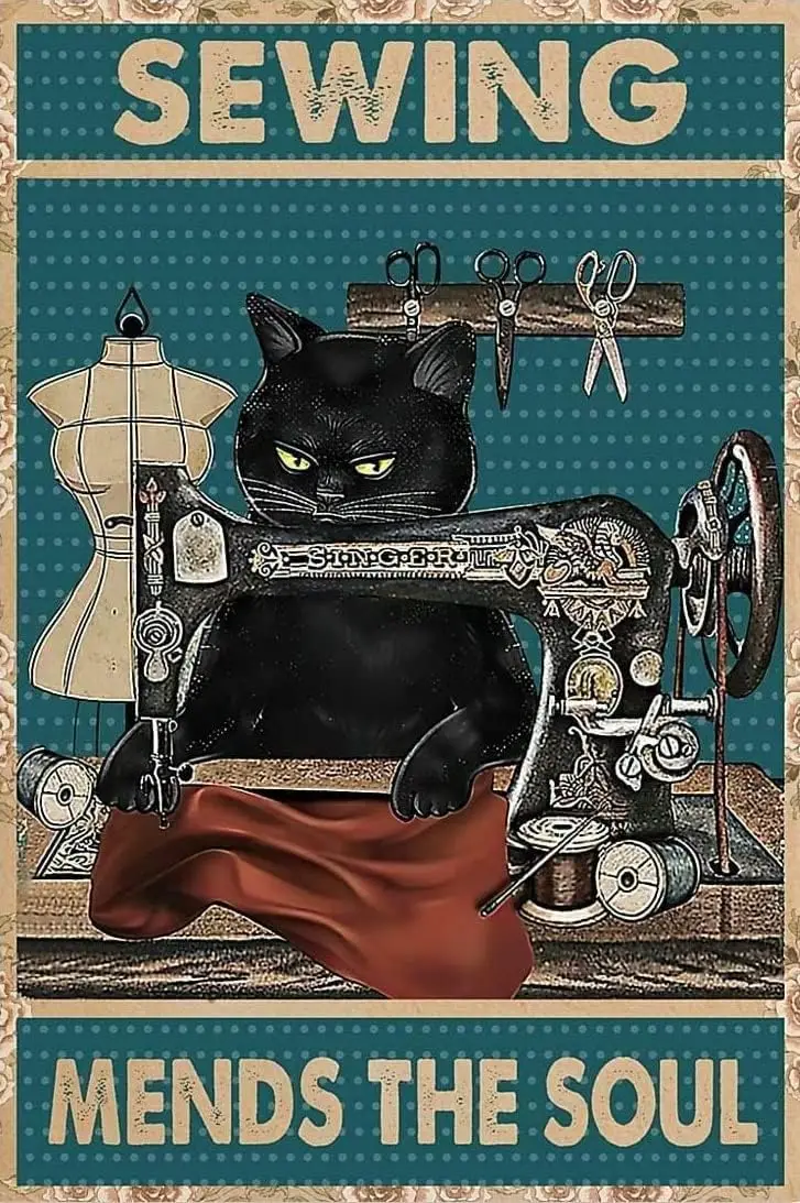 Cat Sewing Mends The Soul Retro Kitchen Farm Restaurant Bathroom People Cave Farm Wall Decoration Outdoor Indoor Wall Panel Retr