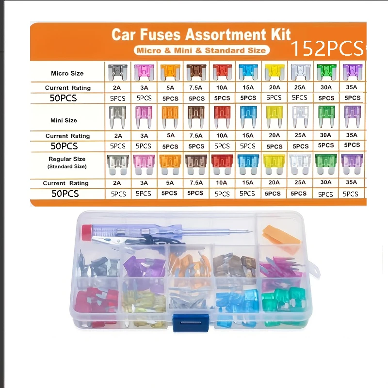 102/152/202 Piece Automotive Fuse Combination Set, Available in Multiple Current Specifications, Includes Fuse Removal Tool. Fast Overload Protection, Reliable Protection for Vehicle Electrical Circuits; Compartmentalized Storage Box for Organized Storage, Convenient for On-Board Backup, Suitable for Most Household Cars and for Repairing and Replacing Modified Vehicle Electrical Appliances.