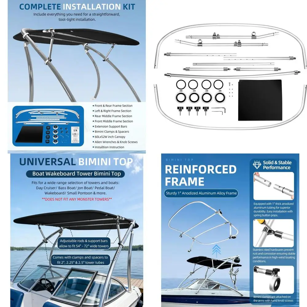 

Тент-бимини для вейкборд-лодки, ткань 600D с 1 зажимом из алюминиевого сплава, подходит для трубчатых башен 2-2.5 дюйма, 60x52