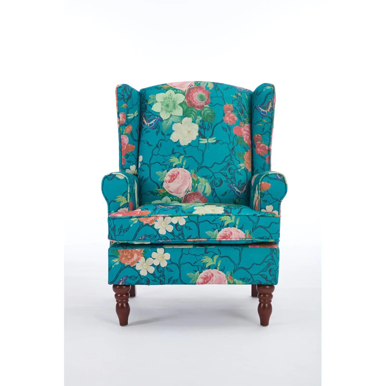 

Upholstered Accent Chair with Bold Floral Pattern Comfy Cushion Retro Pine Wood Legs for Wedding Chair Decoration