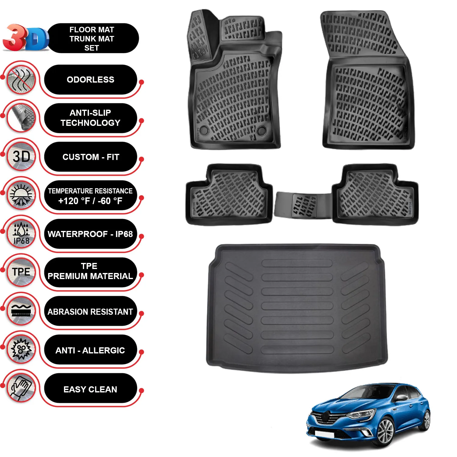 

Renault Megane 4 HB - (2016-2022) - Floor Mats + Cargo Trunk Liner - SET - (Black)