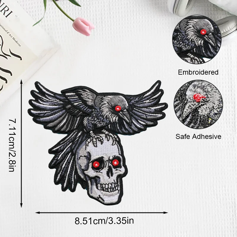 1PC Raven on Skull Iron-On Patch, Gothic Bird Embroidered Fabric Patch, Suitable for Jackets, Bags, Hats, Jeans and Crafts