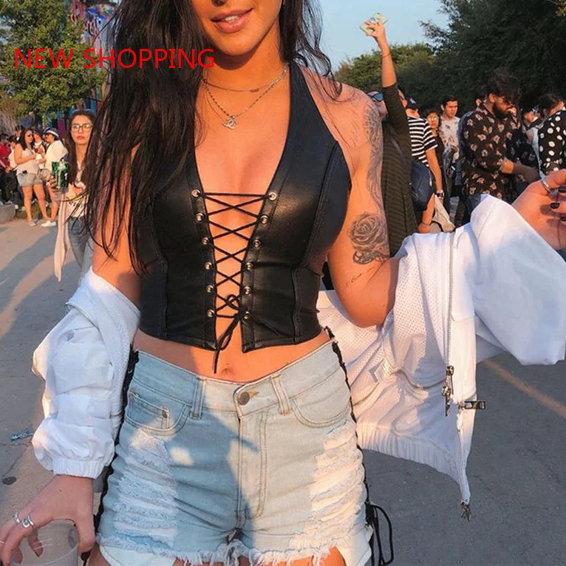 

Fashion Punk Black Faux Leather Hollwo Crop Tops Womens Camisole Summer Fashion Stretch Tees Slim Leather Tank Tops Mall Goth