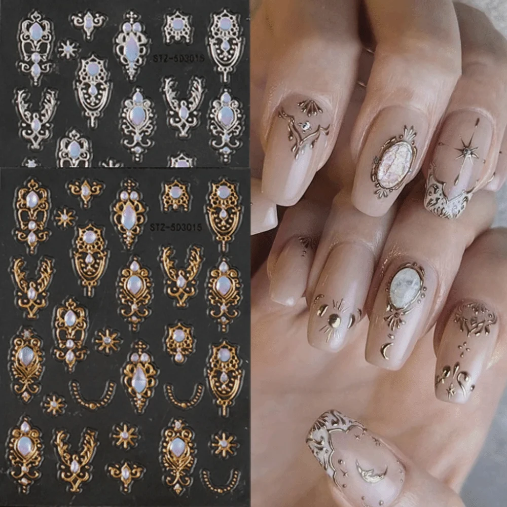 Luxurious 5D Nail Art Stickers Retro Palace Style Imitation Gemstone Nail Decals Crown Necklace Shiny Finish