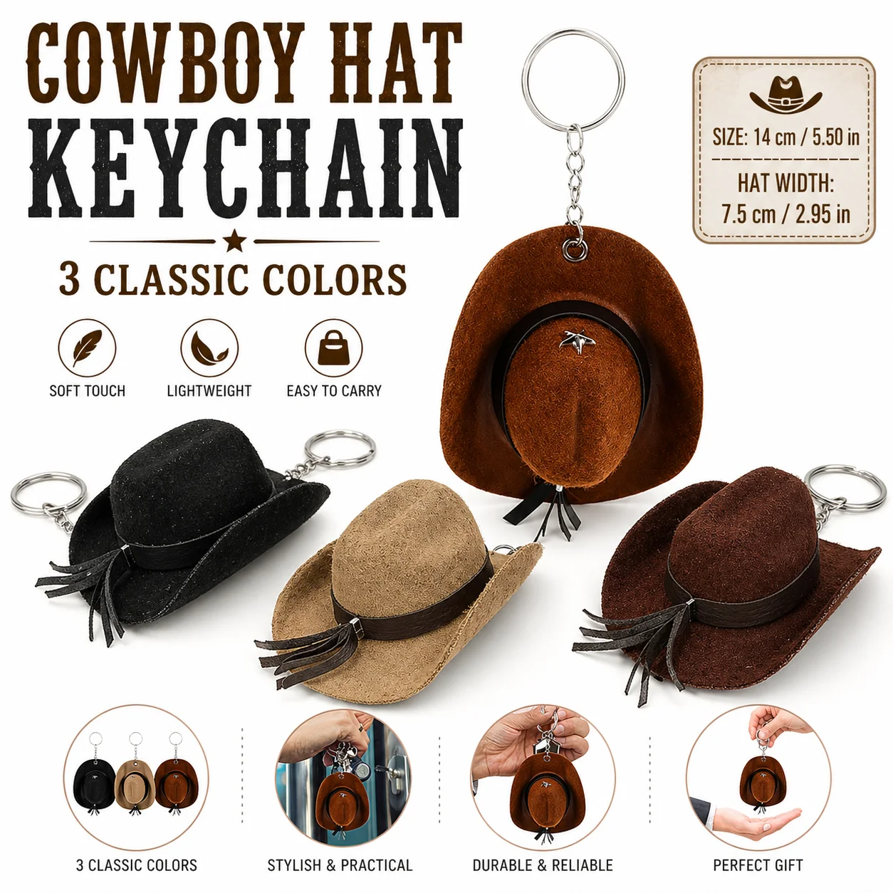 Mini Cowboy Hat Keychain - 3 Colors, Decorative Suede-like Design, Key Ring Accessory for Keys, Bags, Backpacks - Perfect Gift