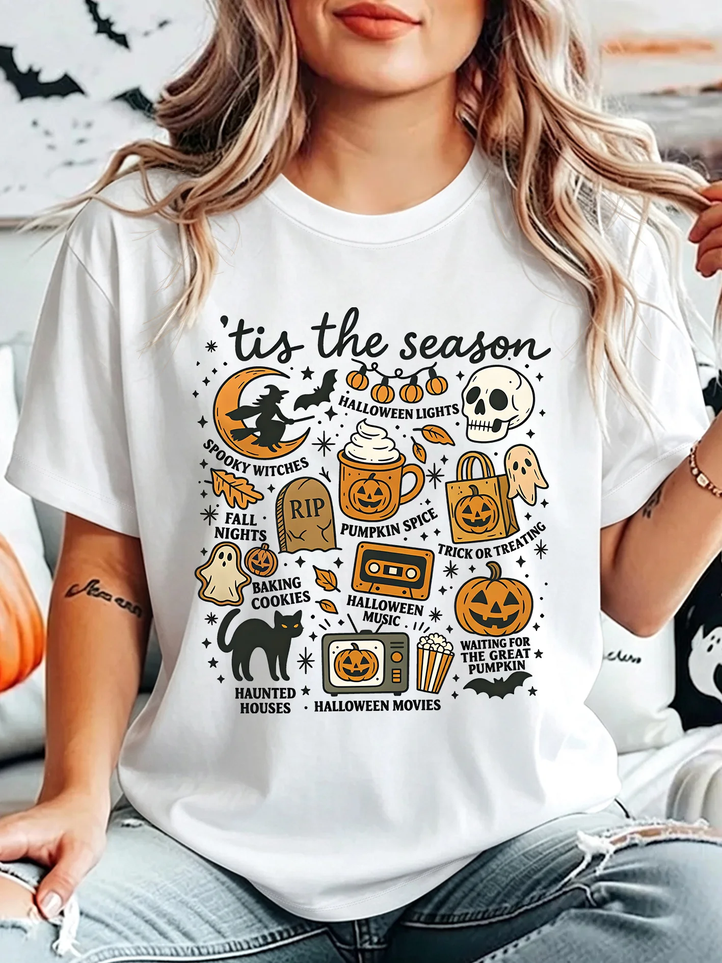 Tis The Season Fall Halloween Womens Crew Neck Short Sleeve T Shirt Witch Black Cat Pumpkin Ghost Casual Graphic Tees For Ladies