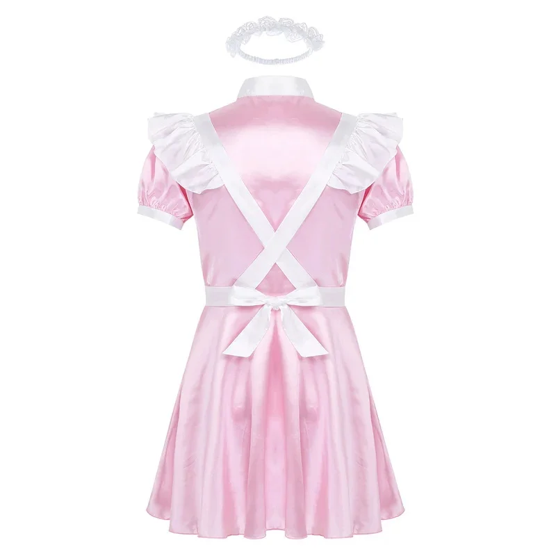 Mens sippy maid cosplay costume puff sleeve satin French apron servant babydoll dress roleplay gay crossdress nightwear